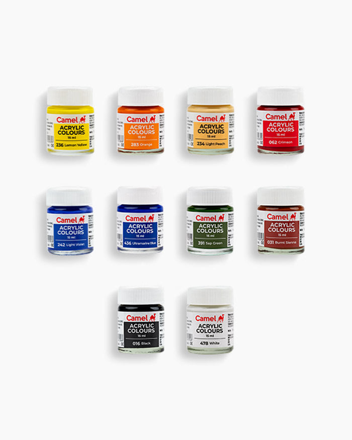 Camel Acrylic Colours Assorted pack of 10 shades 15ml
