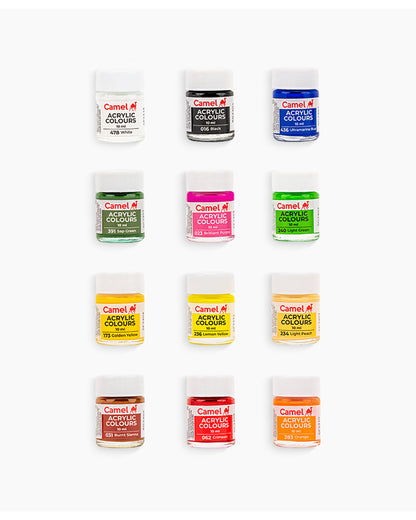 Camel Acrylic Colours Assorted pack of 12 shades in 10 ml